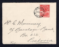 BASUTOLAND - 1937 - CANCELLATION: Cover FRONT from the 'C.G. Mummery, Barclays Bank' correspondence franked with 1933 1d scarlet 'GV' issue (SG 2) tied by fine MAJARA cds dated 28 APR 37. Addressed to PRETORIA TRANSVAAL.  Ex A. H. Scott.  (BAS/1644)