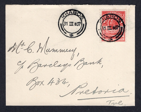 BASUTOLAND - 1937 - CANCELLATION: Cover FRONT from the 'C.G. Mummery, Barclays Bank' correspondence franked with 1933 1d scarlet 'GV' issue (SG 2) tied by fine KHABOS cds with second strike alongside dated 31 MAR 37. Addressed to PRETORIA TRANSVAAL.  Ex A. H. Scott collection. Illustrated on page 70 of 'The Cancellations & Postal Markings of Basutoland' by A. H. Scott.  (BAS/1648)