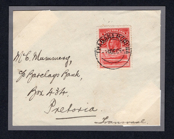 BASUTOLAND - 1937 - CANCELLATION: Cover FRONT from the 'C.G. Mummery, Barclays Bank' correspondence franked with 1933 1d scarlet 'GV' issue (SG 2) tied by fine THABANA MORENA cds dated 20 DEC 37. Addressed to PRETORIA TRANSVAAL.  Ex A. H. Scott.  (BAS/1654)