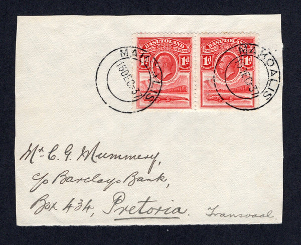 BASUTOLAND - 1937 - CANCELLATION: Cover FRONT from the 'C.G. Mummery, Barclays Bank' correspondence franked with 1933 pair 1d scarlet 'GV' issue (SG 2) tied by two fine strikes of MAKOALIS cds dated 16 DEC 37. Addressed to PRETORIA TRANSVAAL.  Ex A. H. Scott.  (BAS/1655)