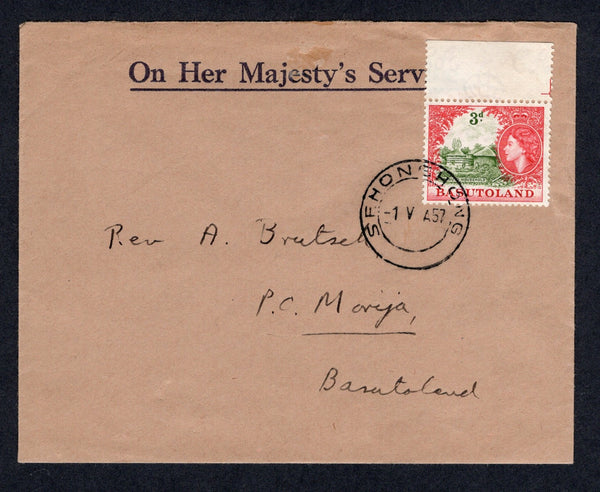 BASUTOLAND - 1957 - CANCELLATION & OFFICIAL MAIL: Headed 'On Her Majesty's Service' cover franked with 1954 3d yellow green & deep rose red QE2 issue (SG 46) tied by fine SEHONGHONG cds. Addressed internally to MORIJA.  (BAS/1672)
