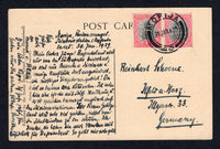 BASUTOLAND - 1929 - FORERUNNERS: SOUTH AFRICA: Sepia PPC - 'Basutoland A Typical Village' franked on message side with 1930 pair 1d black & carmine 'Ship' issue (SG 43) tied by fine MORIJA cds. Addressed to GERMANY.  (BAS/1683)
