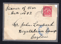 BASUTOLAND - 1901 - BOER WAR & POW MAIL: CAPE OF GOOD HOPE: Slightly tatty FRONT only franked with Cape of Good Hope 1893 1d carmine (SG 59) tied by TEYATEYANENG BASUTOLAND cds. Addressed to 'Prisoner of War Hut No. 57, John Lombard, Diyatalawa Camp Ceylon' with blue censor mark.  (BAS/1686)