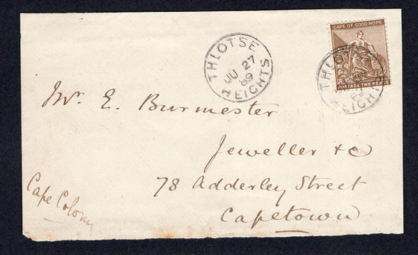 BASUTOLAND - 1889 - FORERUNNERS: CAPE OF GOOD HOPE: Cover FRONT only franked with 1882 Cape of Good Hope 2d pale bistre (SG 42) tied by fine THLOTSE HEIGHTS cds dated JU 27 1889 with second strike alongside. Addressed to CAPETOWN. Rare.  (BAS/1687)
