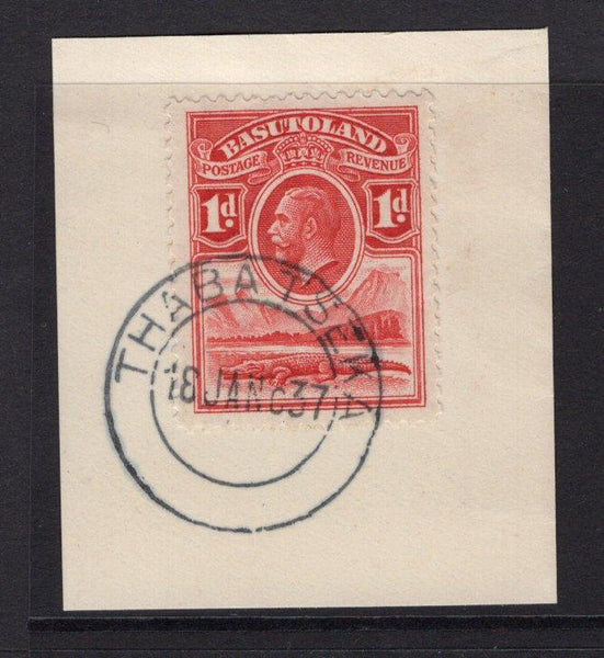 BASUTOLAND - 1937 - CANCELLATION: 1d scarlet GV issue tied on piece with superb strike of THABA TSEKA cds dated 16 JAN 1937. (SG 2)  (BAS/1689)