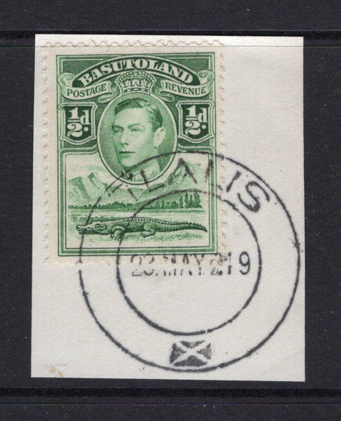 BASUTOLAND - 1949 - CANCELLATION: ½d green GVI issue tied on piece by fine strike of TLALIS cds dated 23 MAY 1949. Ex A. H. Scott collection. Cancel illustrated on page 282 of 'The Cancellations & Postal Markings of Basutoland' by A. H. Scott. (SG 18)  (BAS/1694)