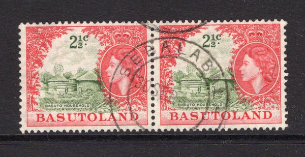 BASUTOLAND - 1961 - CANCELLATION: 2½c yellow green & deep rose red QE2 issue a fine pair used with SEBALALALA cds dated 30 SEP 1961. Scarce office which operated between 1955 - 1976 after which it closed due to insufficient business. Ex A. H. Scott collection. Cancel illustrated on page 248 of 'The Cancellations & Postal Markings of Basutoland' by A. H. Scott. (SG 72)  (BAS/1701)