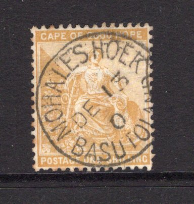 BASUTOLAND - 1900 - FORERUNNERS: Cape of Good Hope 1/- yellow ochre 'Seated Hope' issue used with superb central strike of MOHALESHOEK BASUTOLAND cds dated DE 13 1900. Rare. (SG 67)  (BAS/1714)