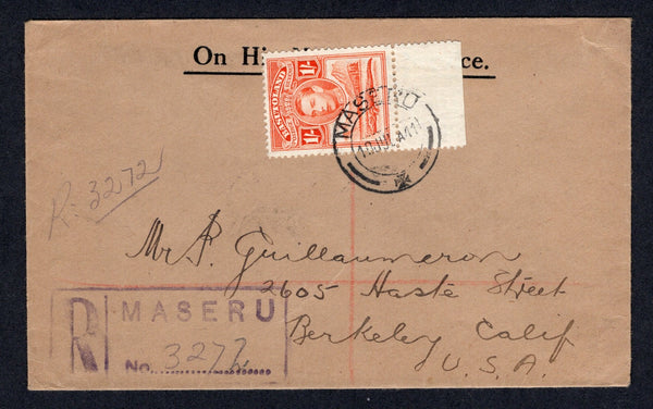 BASUTOLAND - 1941 - REGISTRATION: Printed 'O.H.M.S.' cover franked with single 1938 1/- red orange GVI issue (SG24) tied by MASERU cds dated 10 JUL 1941 with boxed 'MASERU' registration handstamp alongside. Addressed to USA with transit & arrival marks on reverse.  (BAS/17919)