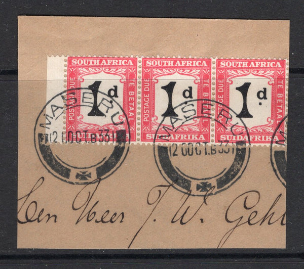 BASUTOLAND - 1933 - FORERUNNERS: South African 1d black & carmine 'Postage Due' issue, a fine strip of three used on piece with two fine strikes of MASERU cds dated 20 OCT 1933. (SG D25)  (BAS/38076)