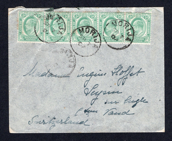 BASUTOLAND - 1907 - FORERUNNERS: Cover franked with strip of five Cape of Good Hope 1902 ½d green EVII issue (SG 70) tied by multiple strike of MORIJA cds dated SEP 7 1907. Addressed to SWITZERLAND with arrival cds on reverse. Rare.  (BAS/38077)