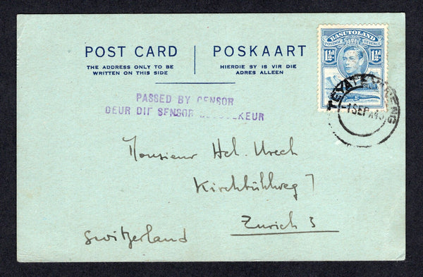 BASUTOLAND - 1945 - CENSORSHIP: Commercial postcard with 'Cana Mission, P.O. Mamathes, Via Teyateyaneng, Basutoland, South Africa' handstamp on reverse franked with 1938 1½d light blue GVI issue (SG 20) tied by TEYATEYANENG cds dated 1 SEP 1945. Addressed to SWITZERLAND with two line 'PASSED BY CENSOR DEUR DIT SENSOR GOEDGEKEUR' South African censor mark in purple on front.  (BAS/39353)