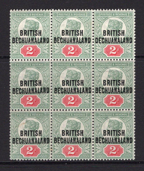 BECHUANALAND - 1891 - MULTIPLE: 2d grey green & carmine QV issue of Great Britain with 'BRITISH BECHUANALAND' overprint in black, a fine mint block of nine. (SG 34)  (BEC/11203)