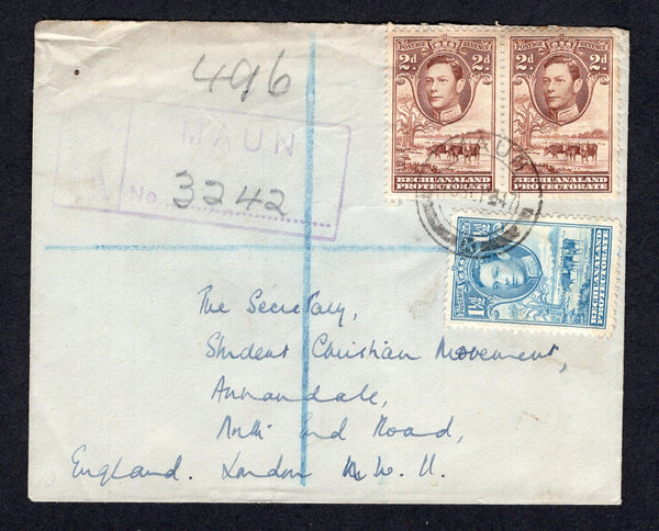 BECHUANALAND - 1947 - REGISTRATION: Registered cover franked with 1938 1½d light blue and pair 2d chocolate brown GVI issue (SG 120a & 121) tied by MAUN cds with boxed MAUN registration marking alongside. Addressed to UK with FRANCISTOWN transit cds on reverse.  (BEC/17933)