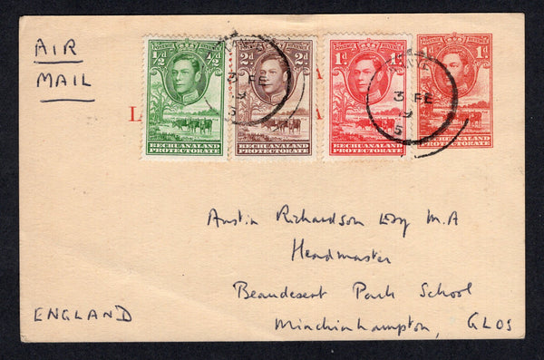 BECHUANALAND - 1953 - POSTAL STATIONERY & CANCELLATION: 1d carmine on buff GVI postal stationery card (H&G 9) used with added 1938 ½d green, 1d scarlet and 2d chocolate brown GVI issue (SG 118/119 & 121) tied by two fine strikes of small KANYE 'Emergency' thimble cancel dated 3 FEB 1953. Sent airmail to UK. The earliest known use of this postmark which was previously only recorded as being used between 8th May and 13th June 1953. Rare.  (BEC/17938)