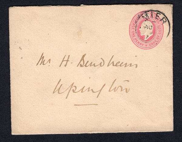 BECHUANALAND - Circa 1905 - CANCELLATION & CAPE OF GOOD HOPE USED IN BECHUANALAND: 1d pink on heavy laid paper Cape of Good Hope EVII postal stationery envelope (H&G B5) used with good strike of MIER B.B. cds. Addressed to UPINGTON with arrival cds on reverse. Scarce.  (BEC/27408)