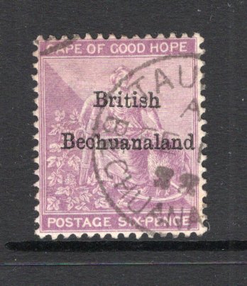 BECHUANALAND - 1885 - CLASSIC ISSUE: 6d reddish purple Cape of Good Hope issue, wmk 'Anchor' with 'British Bechuanaland' overprint in black, a fine used copy with part strike of TAUNGS cds dated 1888. (SG 7)  (BEC/39792)