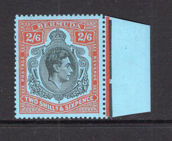 BERMUDA - 1938 - GVI ISSUE: 2/6 black & vermilion on pale blue 'Substitute' paper GVI 'Key Type' issue, 1950 printing, comb perf 13¼ x 13. A superb unmounted mint side marginal copy. (SG 117c, Murray Payne #22)  (BER/11243)