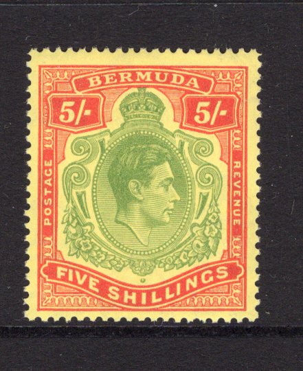 BERMUDA - 1938 - GVI ISSUE: 5/- pea green & carmine on pale yellow 'Substitute' paper GVI 'Key Type' issue, 1949 printing. comb perf 13¼ x 13. A fine mint copy. (SG 118f, Murray Payne #23)  (BER/11247)