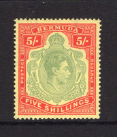 BERMUDA - 1938 - GVI ISSUE: 5/- green & red on pale yellow 'Substitute' paper GVI 'Key Type' issue, 1944 printing, comb perf 14 x 13¾. A fine mint copy. (SG 118e, Murray Payne #13b)  (BER/11255)