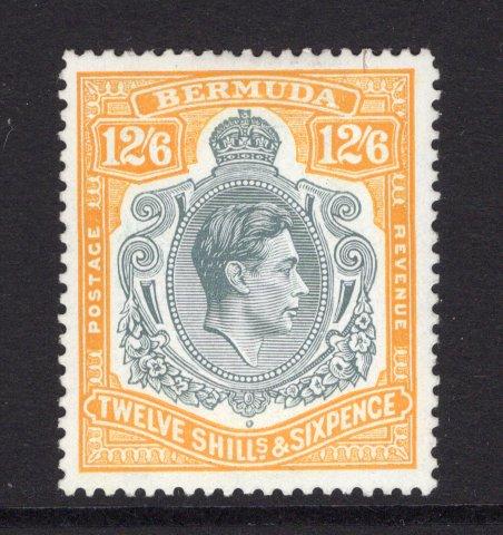 BERMUDA - 1938 - GVI ISSUE: 12/6 bluish grey and deep yellow 'Chalk Surfaced' paper GVI 'Key Type' issue, 1951 printing. comb perf 13¼ x 13. A fine mint copy. (SG 120e, Murray Payne #25a)  (BER/11258)
