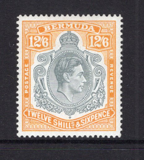 BERMUDA - 1938 - GVI ISSUE: 12/6 grey & maize on 'Substitute' paper GVI 'Key Type' issue, 1943 printing, comb perf 14 x 13¾. A fine mint copy. (SG 120c, Murray Payne #15a)  (BER/11259)