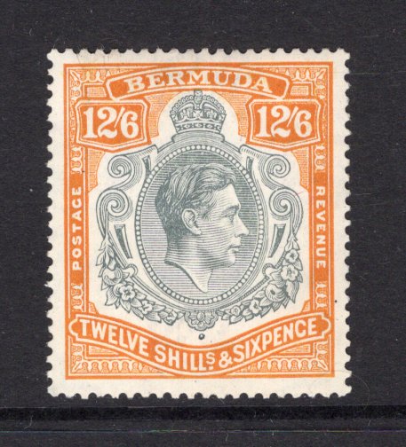BERMUDA - 1938 - GVI ISSUE: 12/6 deep grey & deep maize on 'Chalk Surfaced' paper GVI 'Key Type' issue, 1938 printing, comb perf 14 x 13¾. A fine mint copy. Rare stamp. (SG 120, Murray Payne #15)  (BER/11261)