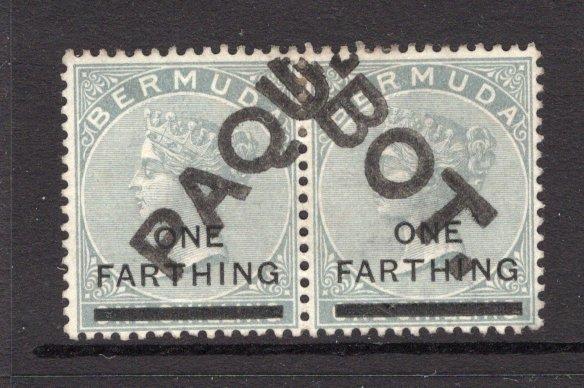 BERMUDA - 1901 - CANCELLATION: 'One Farthing' on 1/- dull grey QV issue, a fine used pair with two part strikes of large straight line 'PAQUEBOT' marking in black. (SG 30)  (BER/11266)