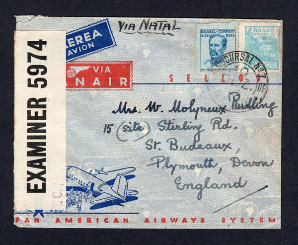 BERMUDA - 1943 - CENSORSHIP: Airmail cover from BRAZIL franked 1941 400rs blue and 5000rs blue (SG 653 & 660) SUCURSAL No. 7 RIO DE JANEIRO cds. Addressed to UK and censored on route in Bermuda with black & white 'OPENED BY EXAMINER 5974' censor strip with 'I.C./' handstamp in purple.  (BER/17411)