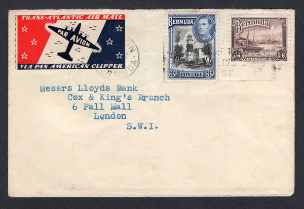 BERMUDA - 1946 - AIRMAIL: Circa 1946. Cover franked with 1936 1/6 brown and 1938 3d black & deep blue GVI issue (SG 106 & 114a) tied by HAMILTON machine cancel with lovely large format 'Trans-Atlantic Air Mail Via Pan American Clipper' airmail label at top left. Addressed to UK. Backflap missing.  (BER/18009)