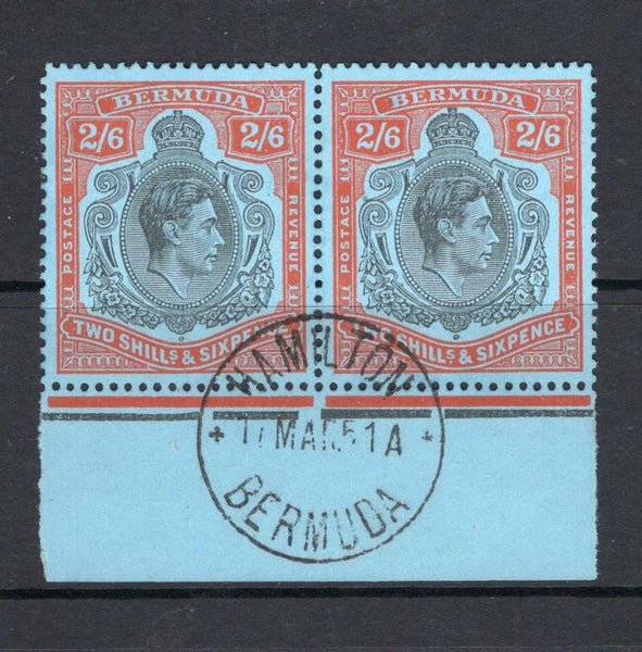 BERMUDA - 1938 - GVI ISSUE: 2/6 black & vermilion on pale blue 'Substitute' paper GVI 'Key Type' issue, 1950 printing, comb perf 13¼ x 13. A superb used marginal pair with fine HAMILTON cds dated 17 MAR 1951. (SG 117c, Murray Payne #22)  (BER/24951)