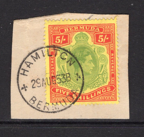 BERMUDA - 1938 - GVI ISSUE: 5/- green & scarlet on yellow chalk surfaced paper GVI 'Key Type' issue, perf 13¼ x 13. A fine used copy on piece tied by lovely HAMILTON cds dated 29 AUG 1953. (SG 118g)  (BER/28861)