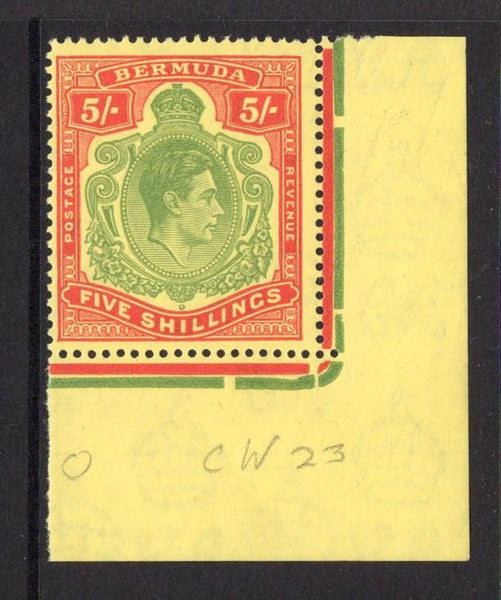 BERMUDA - 1938 - GVI ISSUE: 5/- green & scarlet on yellow chalk surfaced paper GVI 'Key Type' issue, perf 13¼ x 13. A fine mint corner marginal copy. (SG 118g)  (BER/28862)