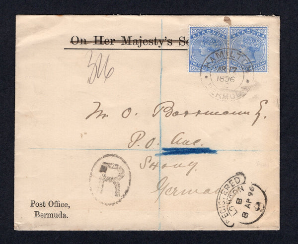 BERMUDA - 1896 - REGISTRATION: Registered cover with printed 'On Her Majesty's Service' crossed out at top franked with pair 1883 2½d pale ultramarine QV issue (SG 27b) tied by HAMILTON cds dated AP 17 1896 with 'R' in oval registration marking alongside. Addressed to GERMANY with UK transit cds on front and German arrival cds on reverse.  (BER/29216)