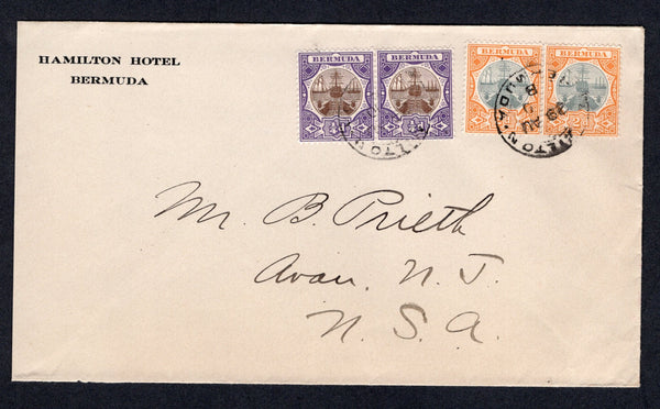 BERMUDA - 1910 - EVII ISSUE: Printed 'Hamilton Hotel' cover franked with 1906 pair ¼d brown & violet and pair 2d grey & orange 'Dry Dock' issue (SG 34 & 39) tied by HAMILTON cds's dated 29 AUG 1910. Addressed to USA. An attractive franking.  (BER/35614)