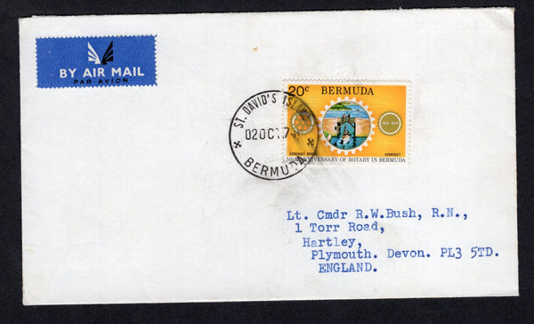 BERMUDA - 1974 - CANCELLATION: Cover franked with 1974 20c 'Rotary' issue (SG 322) tied by fine strike of ST. DAVID'S ISLAND cds dated 2 OCT 1974. Sent airmail to UK.  (BER/37129)