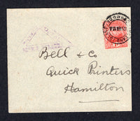 BERMUDA - 1915 - CENSORED MAIL & CANCELLATION: Neat cover franked with single 1910 1d red 'Ship' issue (SG 46) tied by IRELAND ISLAND cds dated 12 FEB 1915. Addressed internally to 'Bell & Co, Quick Printers, Hamilton' and censored with triangular 'PASSED POSTAL CENSOR BERMUDA' marking in purple on front. The regulations required all mail to printers to be censored. Scarce.  (BER/37530)