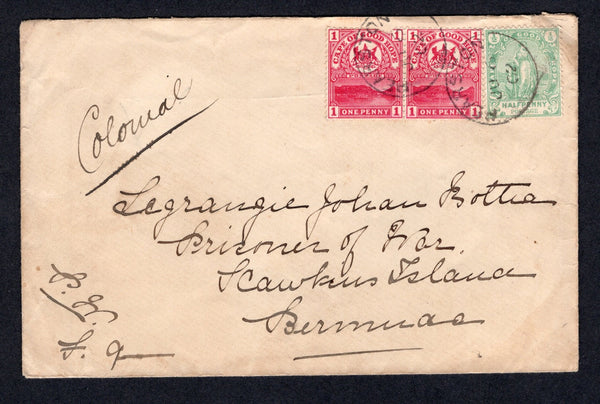 BERMUDA - 1902 - BOER WAR, CENSORSHIP & PRISONER OF WAR MAIL: Incoming cover from Cape of Good Hope franked with 1893 ½d green and 1900 pair 1d carmine (SG 61 & 69) tied by fine PEARSTON cds's dated JUN 6 1902. Censored in South Africa with printed black on white 'E. R. OPENED UNDER MARSHAL LAW' censor strip on reverse tied by triangular 'PASSED PRESS CENSOR PEARSTON' censor mark in purple. Endorsed 'Colonial' on front and addressed to 'Legrangie Johan Botha, Prisoner of War, Hawkins Island, Bermuda' with 