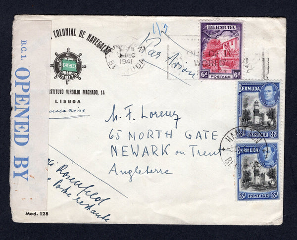 BERMUDA - 1941 - CENSORED MAIL: Printed 'Compania Colonial de Navigacao, Lisboa' cover with manuscript return address of 'Rosenfeld. Havane, Poste restante, Poste Centrale, Cuba' on flap and in front corner franked with 1936 6d carmine lake & violet (SG 104) tied by HAMILTON machine cancel dated 3 DEC 1941 and added 2 x 1938 3d black & deep blue GVI issue (SG 114a) tied by HAMILTON cds dated 5 DEC 1941 (two days later). Sent airmail to UK and censored in Bermuda with printed blue on white 'B.C.1 OPENED BY E