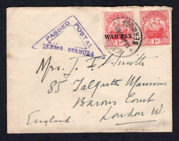 BERMUDA - 1918 - WAR TAX & CENSORSHIP: Cover franked with single 1910 1d red 'Ship' issue and 1918 1d red with 'WAR TAX' overprint (SG 46 & 56) tied by ST GEORGES cds dated 13 JUN 1918. Addressed to UK with fine strike of triangular 'PASSED POSTAL CENSOR BERMUDA' censor marking in purple on front.  (BER/38753)