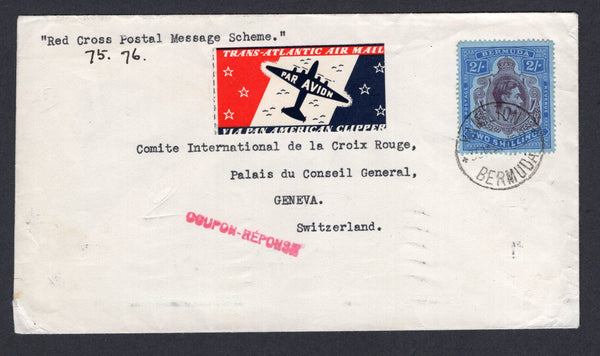 BERMUDA - 1942 - AIRMAIL & HIGH VALUE FRANKING: Cover with typed 'Red Cross Postal Message Scheme' at top franked with single 1938 2/- deep purple & ultramarine on grey blue GVI 'Key Type' issue line perf 14½ (SG 116b) tied by HAMILTON cds dated 30 MAR 1942 with nice multicoloured 'TRANS ATLANTIC AIR MAIL VIA PAN AMERICAN CLIPPER' airmail label. Addressed to the 'Comite International de la Croix Rouge' SWITZERLAND with LISBON, PORTUGAL transit mark on reverse. An exceptionally rare stamp genuinely used on 