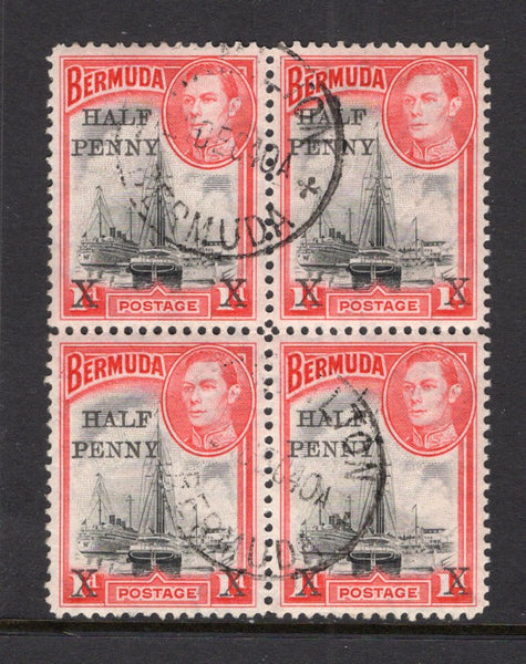 BERMUDA - 1940 - MULTIPLE: ½d on 1d black & red GVI 'Surcharge' issue, a fine used block of four with two strikes of HAMILTON cds dated 21 DEC 1940. (SG 122)  (BER/40218)