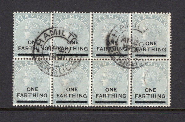 BERMUDA - 1901 - MULTIPLE: 'ONE FARTHING' on 1/- dull grey QV 'Surcharge' issue, a fine used block of eight with two strikes of HAMILTON cds dated AP 20 1907. A scarce used multiple. (SG 30)  (BER/40793)