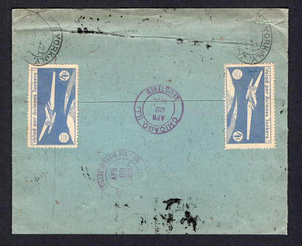 BOLIVIA - 1930 - AIRMAIL & CINDERELLA: Heavy duty registered cover franked with 1928 5c green & strip of three 10c slate (SG 221/222) plus 1928 15c green & 20c blue 'L.A.B.' AIR issue (SG 217/218) all tied by smudgy 'Airmail' roller cancel with COCHABAMBA CERTIFICADOS cds alongside & red on cream registration label. Sent airmail to USA with two $4 blue 'Volad por Aviones Junkers! Misoo Junkers Buenos Aires' aeroplane labels on reverse, both tied by USA arrival marks. Very Scarce.  (BOL/1034)