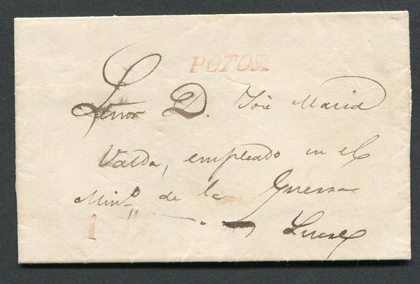 BOLIVIA - 1846 - PRESTAMP: Folded letter from POTOSI to SUCRE with superb strike of straight line POTOSI marking in red with small handstruck '1' rate marking alongside also in red. Ex Ortiz-Patino.  (BOL/1158)