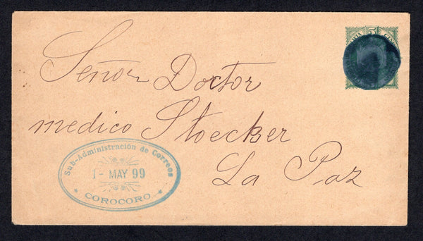 BOLIVIA - 1899 - CANCELLATION: 5c green on buff postal stationery envelope (H&G B5) fine used stamp imprint cancelled by dumb nuemral '7' cork cancel in blue with oval SUB-ADMINISTRACION DE CORREOS COROCORO cancel in blue alongside. Addressed to LA PAZ.  (BOL/1162)