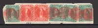 BOLIVIA - 1869 - POSTAL FISCALS: 10c green 4 copies and 2 copies of the 100c red 'Justice' REVENUE issue all tied on small piece by neat red intaglio cancels probably fiscal use but very attractive. (SG F38 & F40)  (BOL/1461)