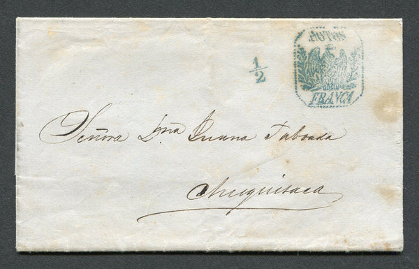 BOLIVIA - 1858 - PRESTAMP: Folded letter from POTOSI to CHIQUITACA with fine strike of boxed POTOSI FRANCA 'Condor' cachet in blue green with small handstruck '½' rate marking alongside also in blue green. Couple of light tones.  (BOL/14692)
