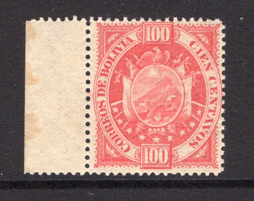 BOLIVIA - 1894 - ARMS ISSUE: 100c rose red on thin paper ARMS issue 'Bradbury Wilkinson London' printing, a fine unmounted mint side marginal copy. Underrated issue. (SG 69)  (BOL/1481)