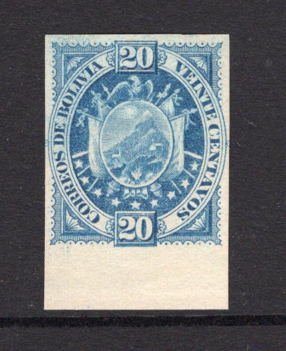 BOLIVIA - 1895 - ARMS ISSUE: 20c bright blue ARMS issue 'Etudes & Chassepot, Paris' printing a fine IMPERF PLATE PROOF on ungummed paper in UNISSUED COLOUR. (As SG 74)  (BOL/1487)